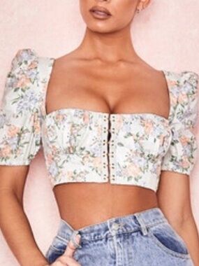 House of CB London Dahlia Floral Puff Sleeve Corset Top